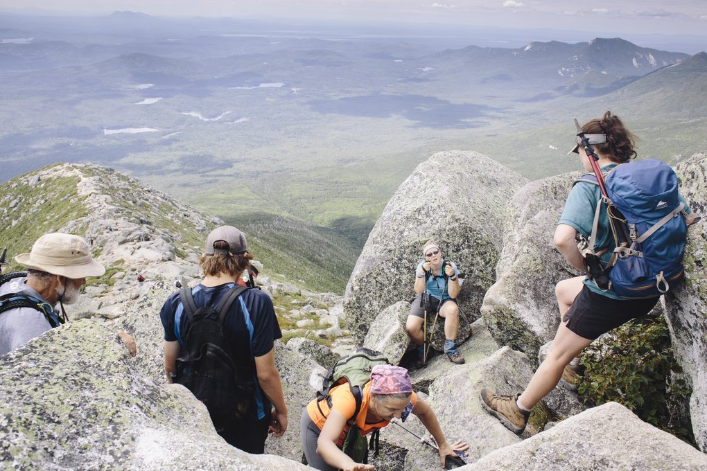 stop for a rest along the trail up Mount Katahdin in Maine, the iconic nort...